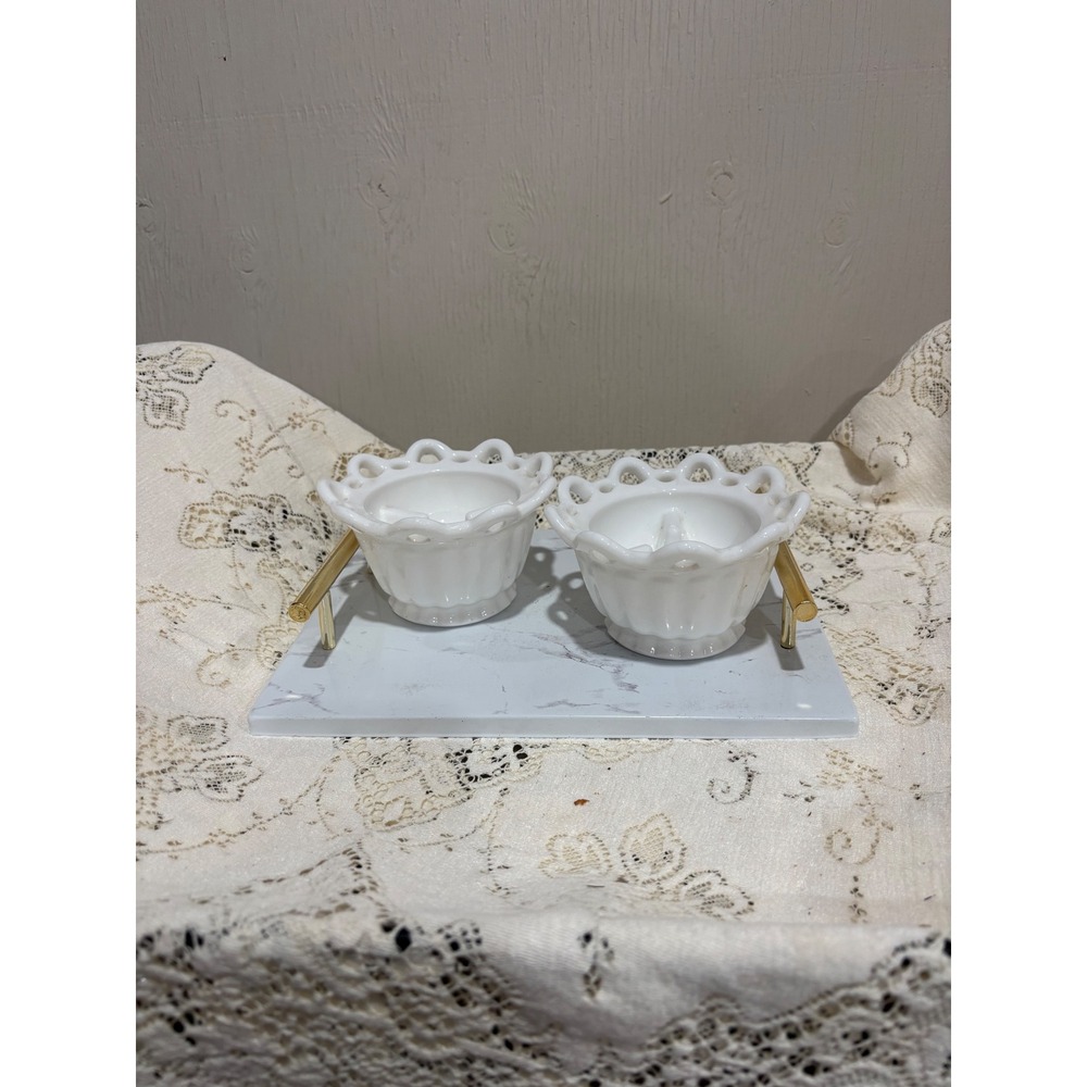 Vintage White Milk Glass Lace Edge Taper Candle Holders Set of 2